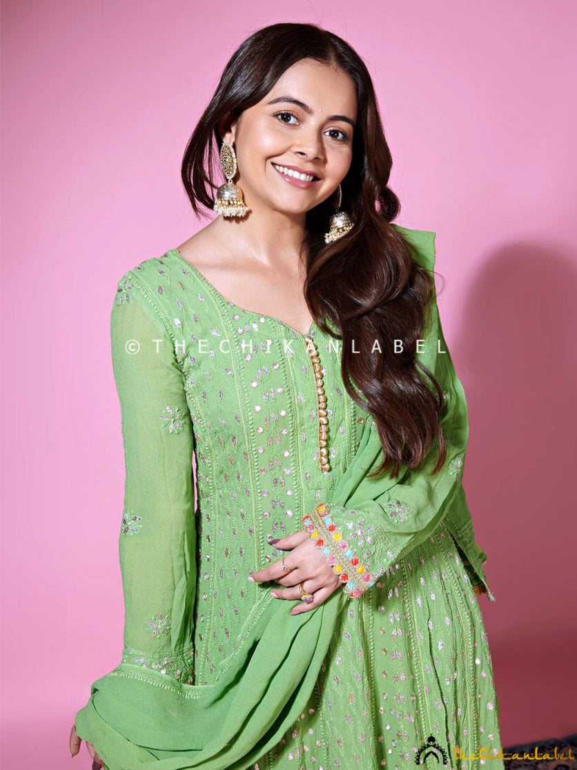 Devoleena Bhattacharjee in Green Sufiya Viscose Chikankari Anarkali ,Chikankari Anarkali in Viscose Fabric For Woman