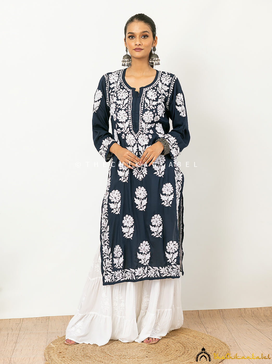 Navy Blue Duaa Modal Chikankari Straight Kurti ,Chikankari Straight Kurti in Duaa Fabric For Woman