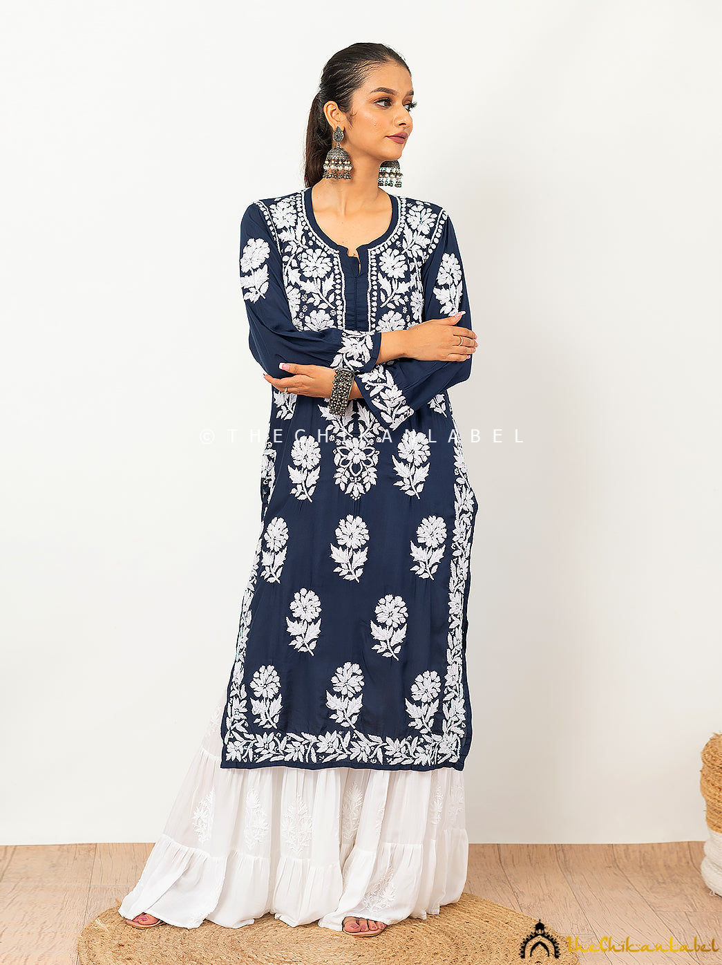 Navy Blue Duaa Modal Chikankari Straight Kurti ,Chikankari Straight Kurti in Duaa Fabric For Woman