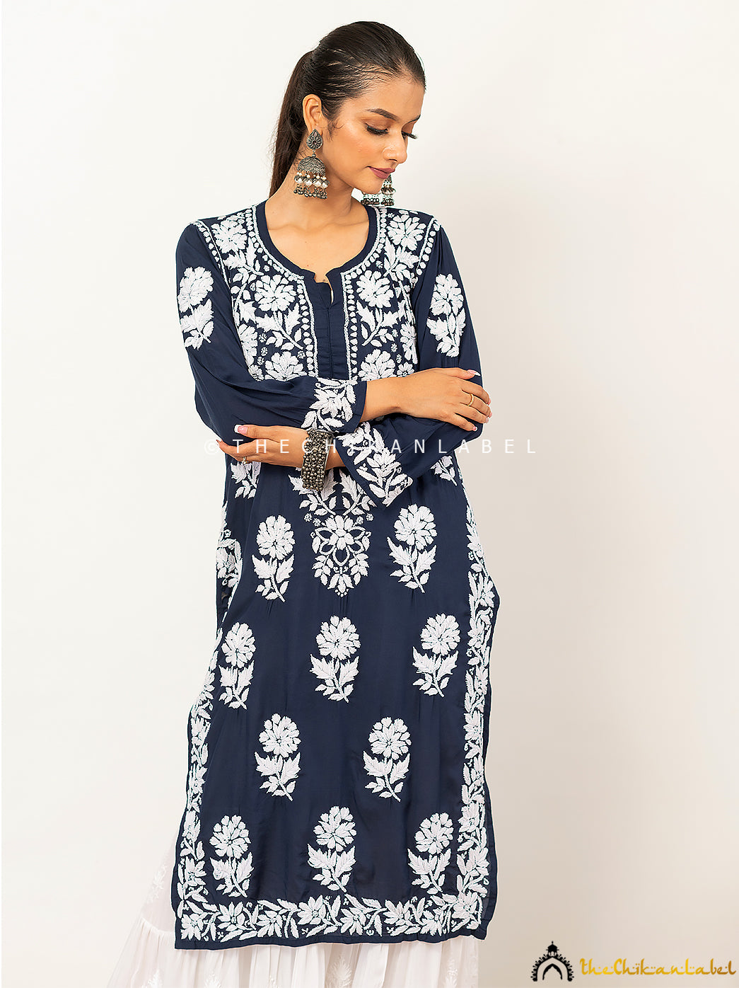 Navy Blue Duaa Modal Chikankari Straight Kurti ,Chikankari Straight Kurti in Duaa Fabric For Woman