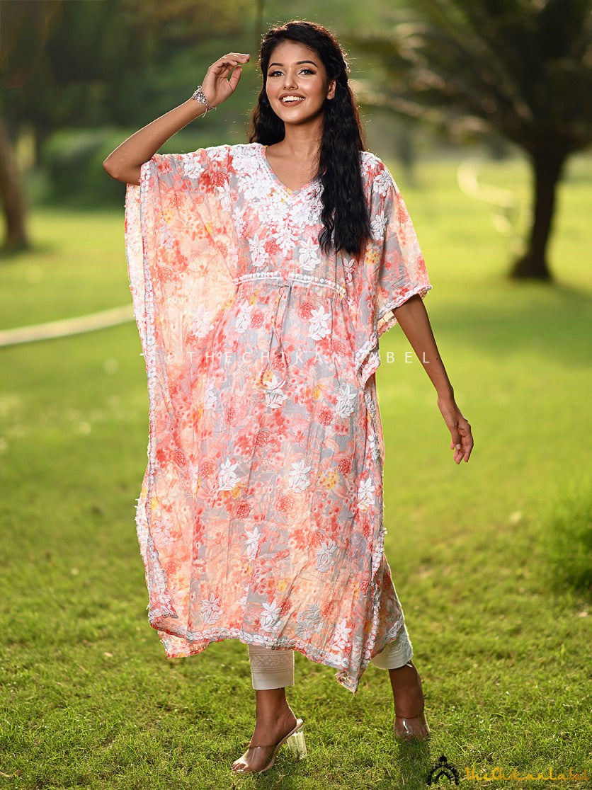 Faraha Mulmul Cotton Kaftan -Peach|The Chikan Label Faraha Mulmul Cotton Kaftan -Peach|The Chikan Label