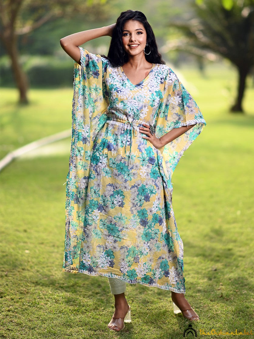 Faraha Mulmul Cotton Kaftan -Yellow|The Chikan Label M