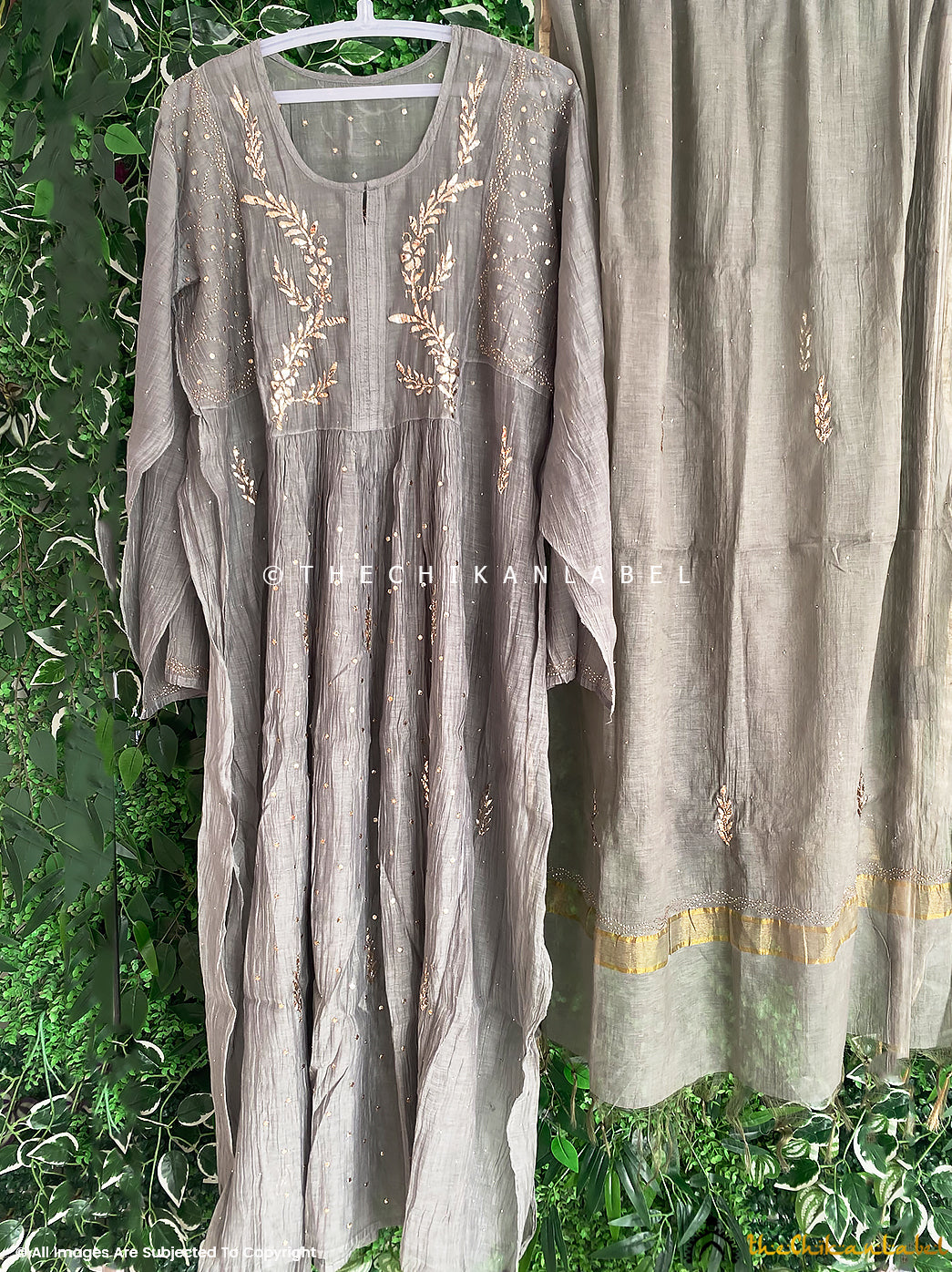 Grey Semi-stitched Mulmul Chanderi Chikankari Anarkali, Semi-stitched Anarkali Kurti Palazzo Set with Dupatta, Semi-stitched chikankari anarkali, handmade chikankari anarkali