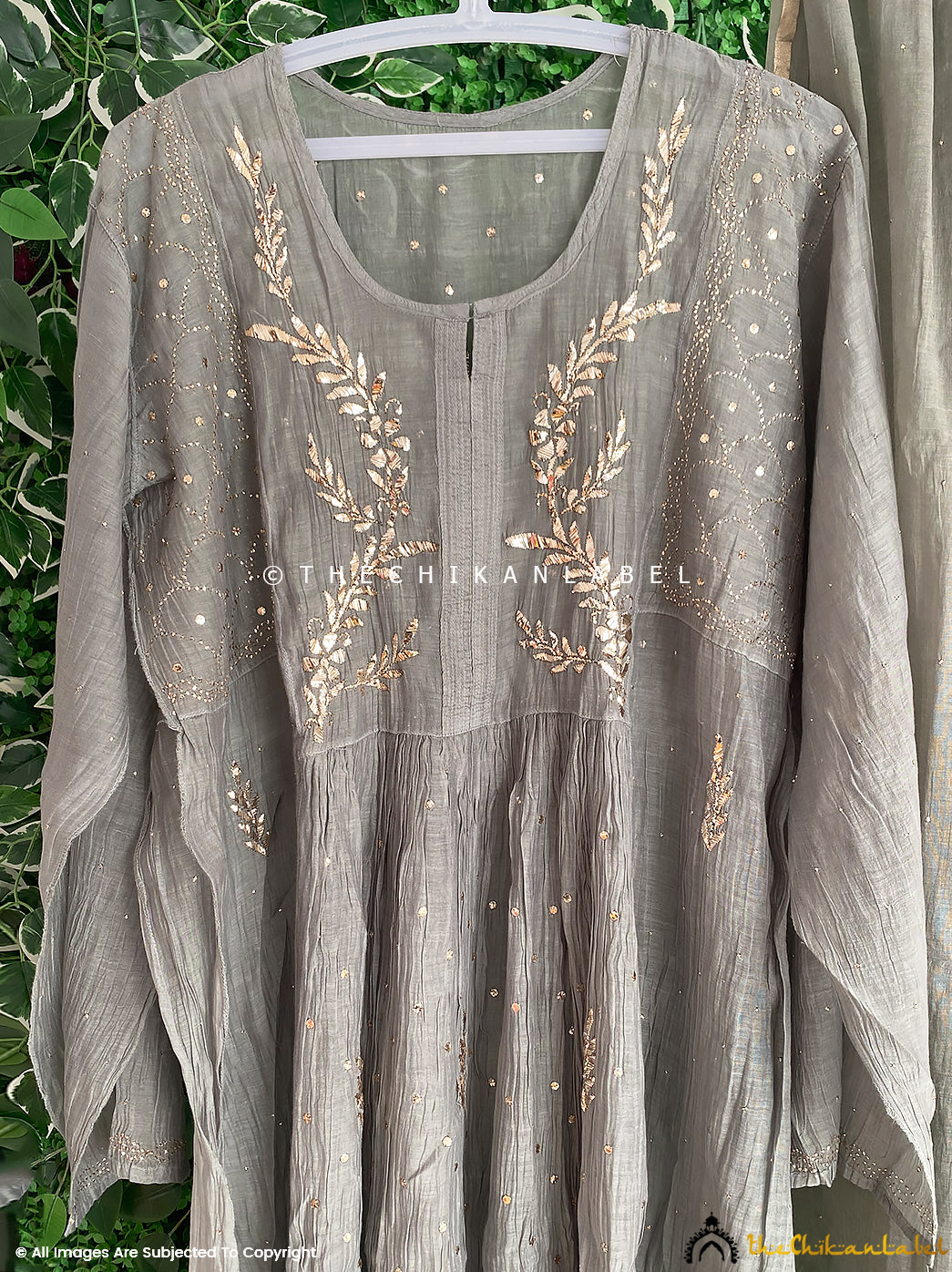 Grey Semi-stitched Mulmul Chanderi Chikankari Anarkali, Semi-stitched Anarkali Kurti Palazzo Set with Dupatta, Semi-stitched chikankari anarkali, handmade chikankari anarkali2