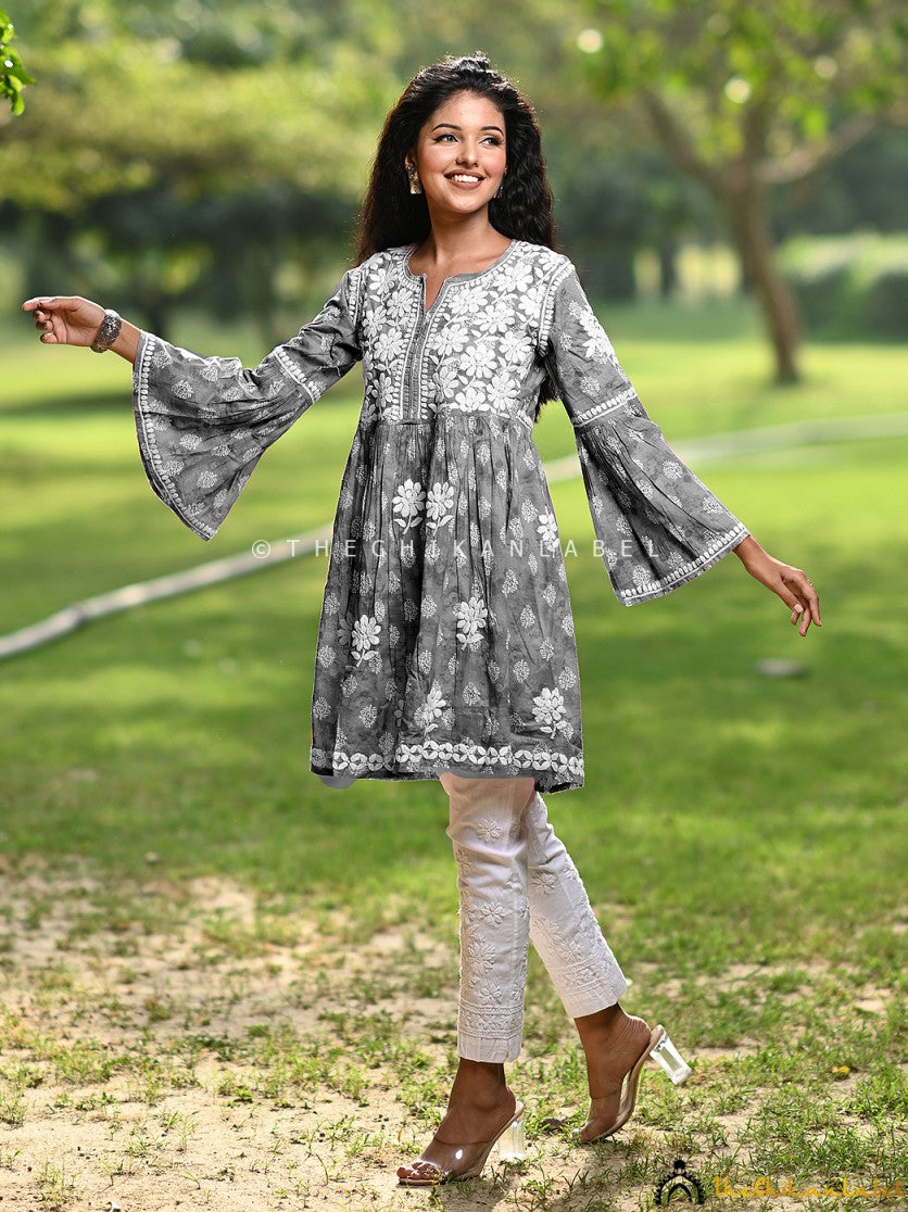 Grey mulmul top with white chikankari floral embroidery
