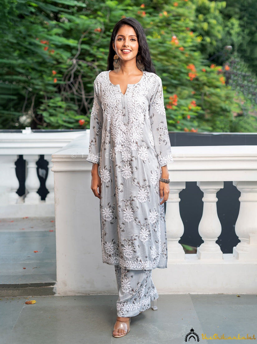 Grey Modal Chikankari Kurta Set