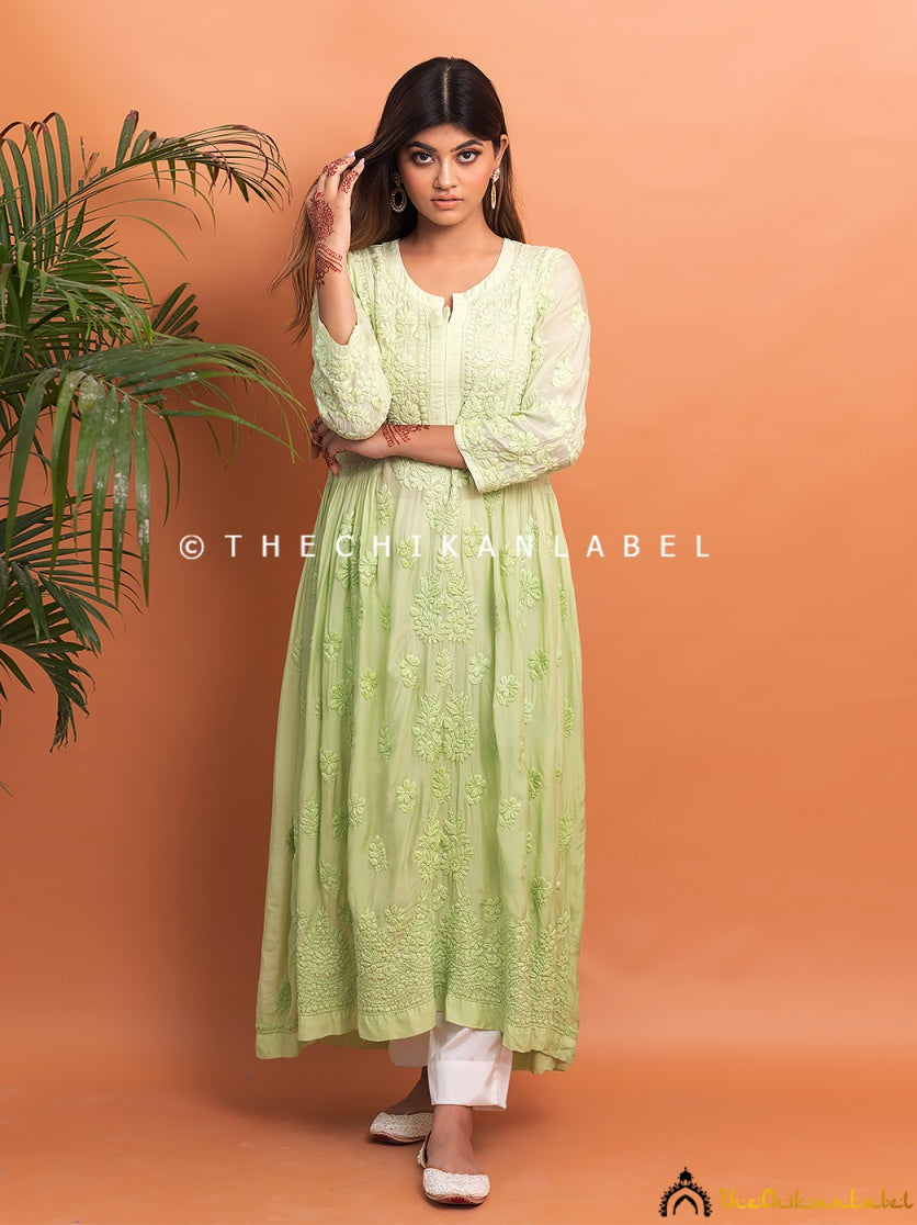 Lemon Green Bahaar Muslin A-Line Chikankari Kurti , Chikankari Kurti in Muslin Fabric For Woman