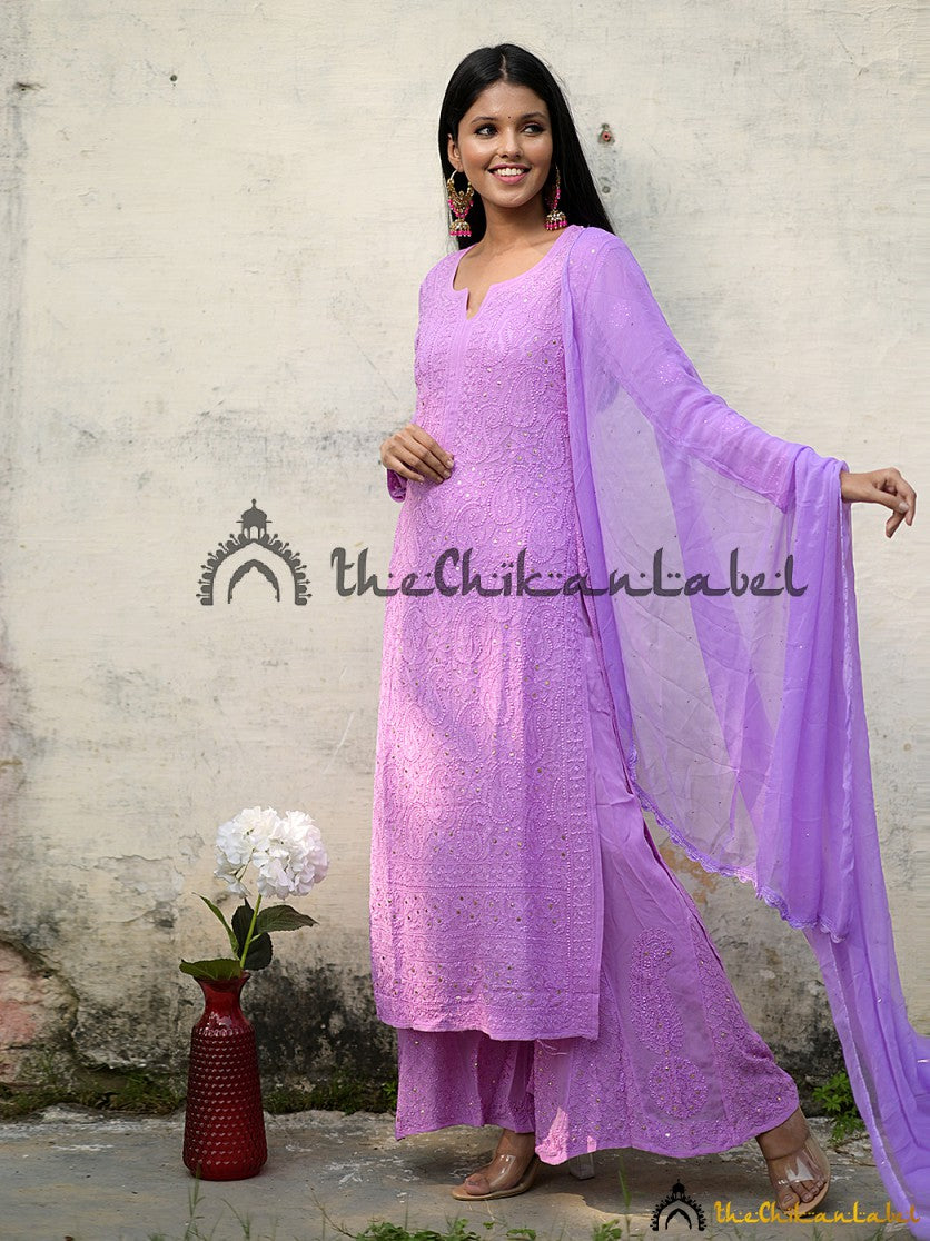 Hand-embroidered pastel kurta set styled with palazzo and dupatta