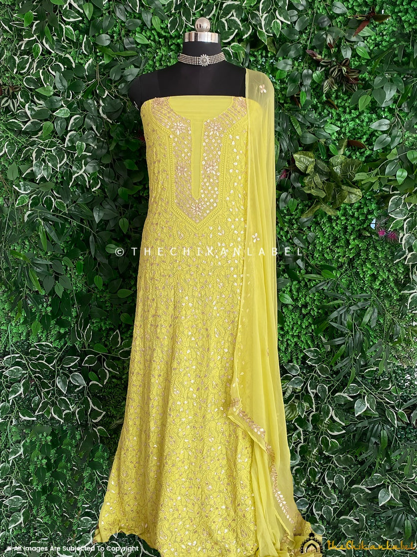 Lime Yellow Un-Stitched Chikankari Gota Patti Suit with Dupatta