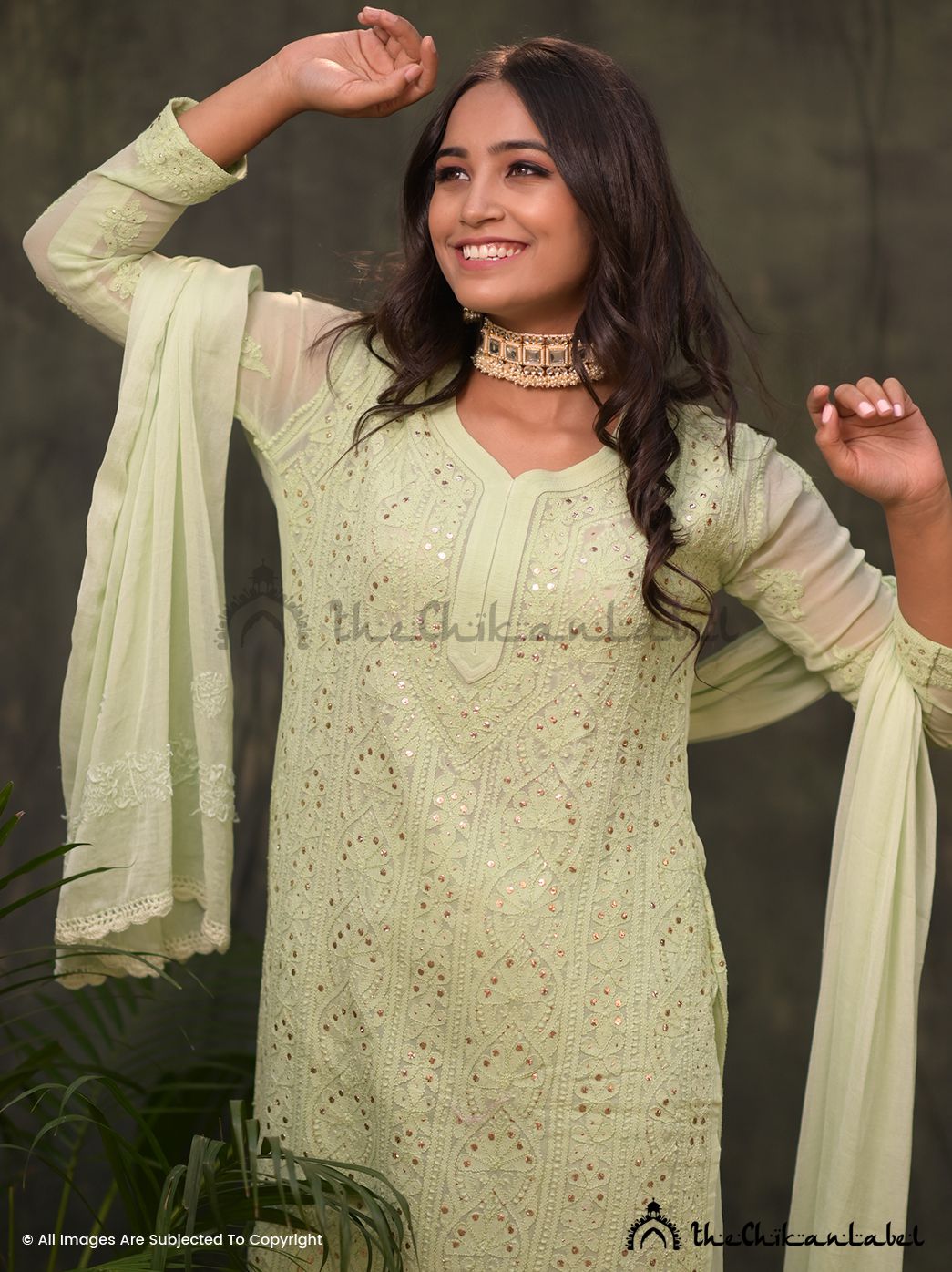 Pista green straight kurta with embroidered palazzo and dupatta