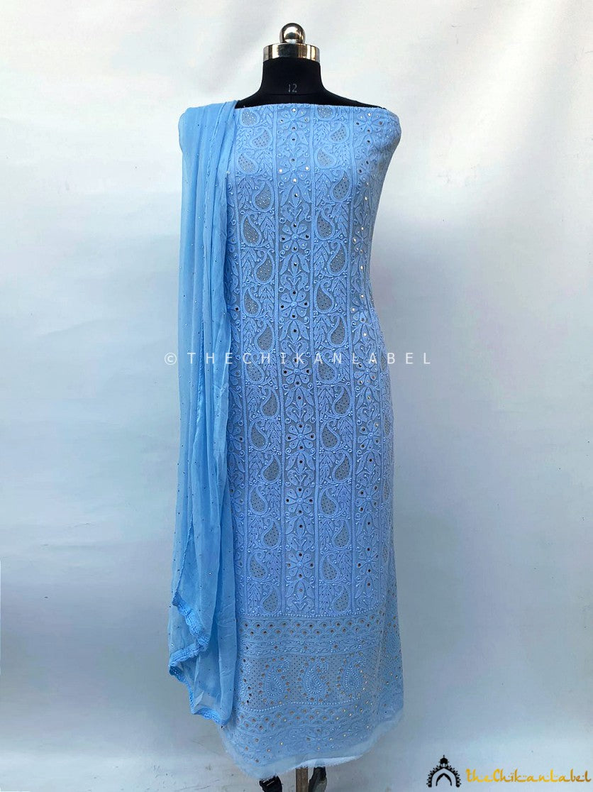 Premium viscose chikankari kurta fabric with dupatta showcasing traditional floral and paisley embroidery