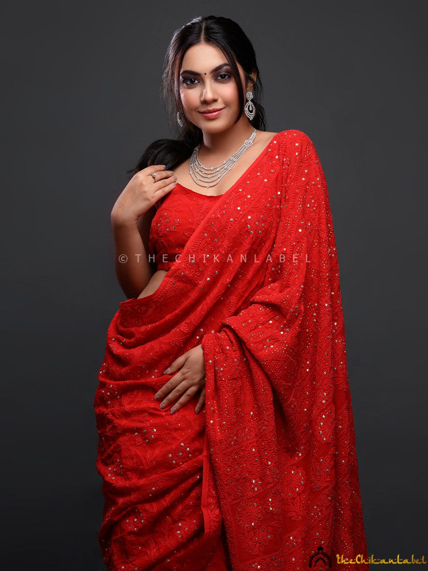 Reem Sameer Shaikh Red Chikankari Saree