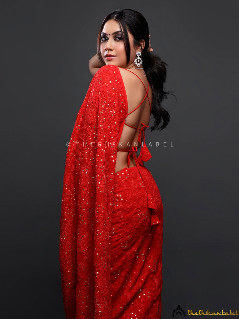 Reem Sameer Shaikh Red Chikankari Saree