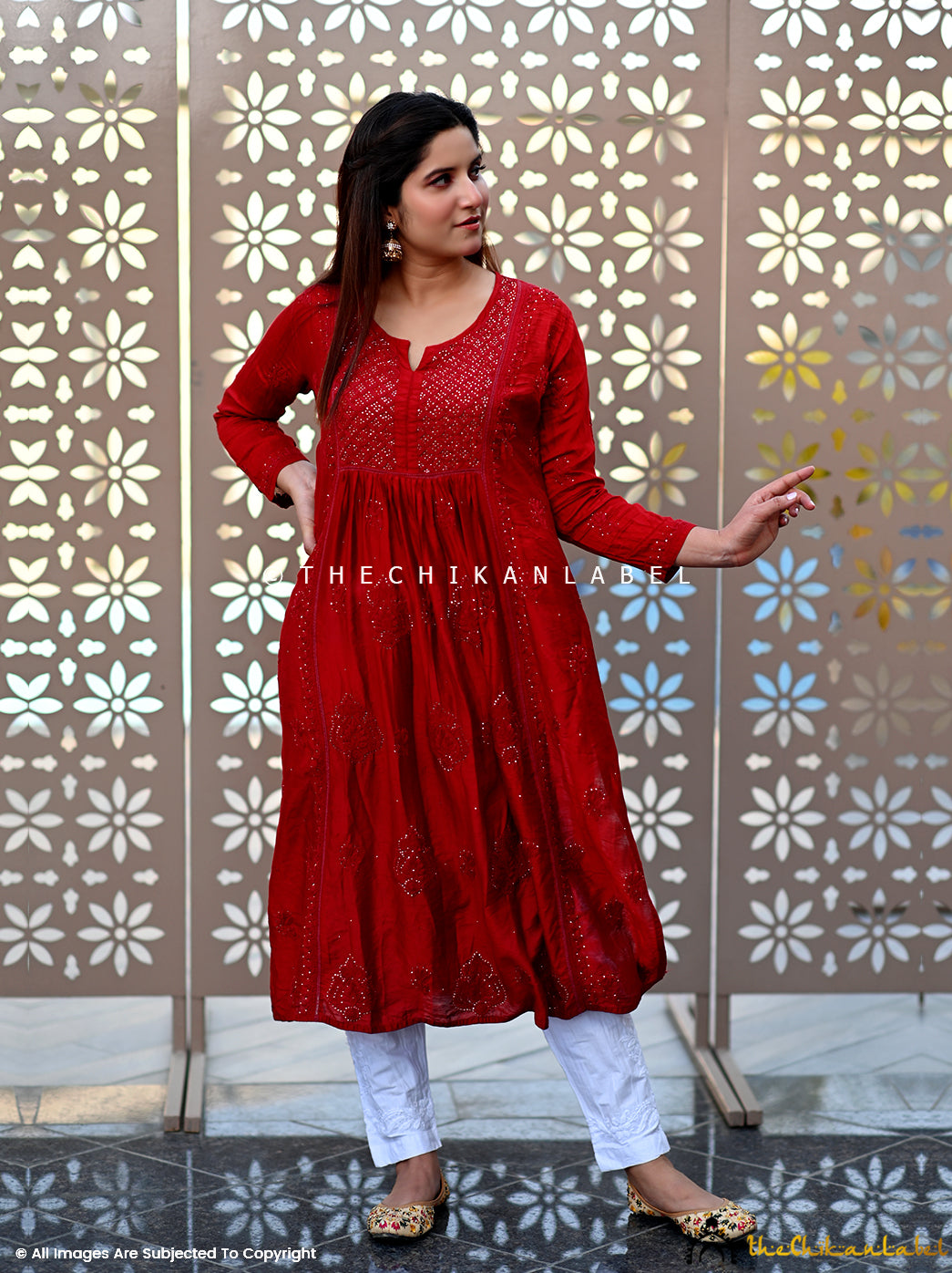 Red Rooh Chanderi Chikankari A-Line Kurti,Chikankari A-Line Kurti in Chanderi Fabric For Woman