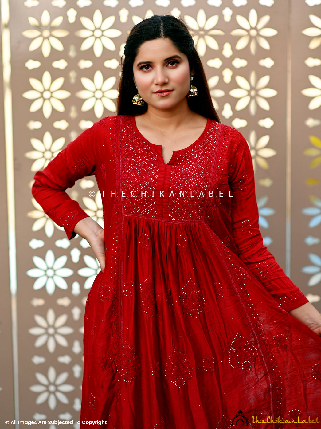 Red Rooh Chanderi Chikankari A-Line Kurti,Chikankari A-Line Kurti in Chanderi Fabric For Woman
