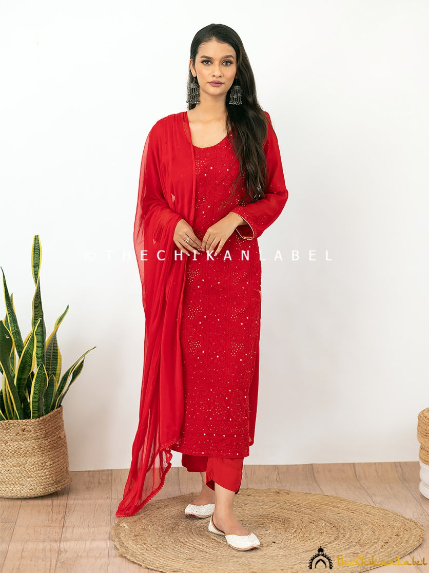 Red Mohini Viscose Chikankari Straight Kurta Set with Dupatta