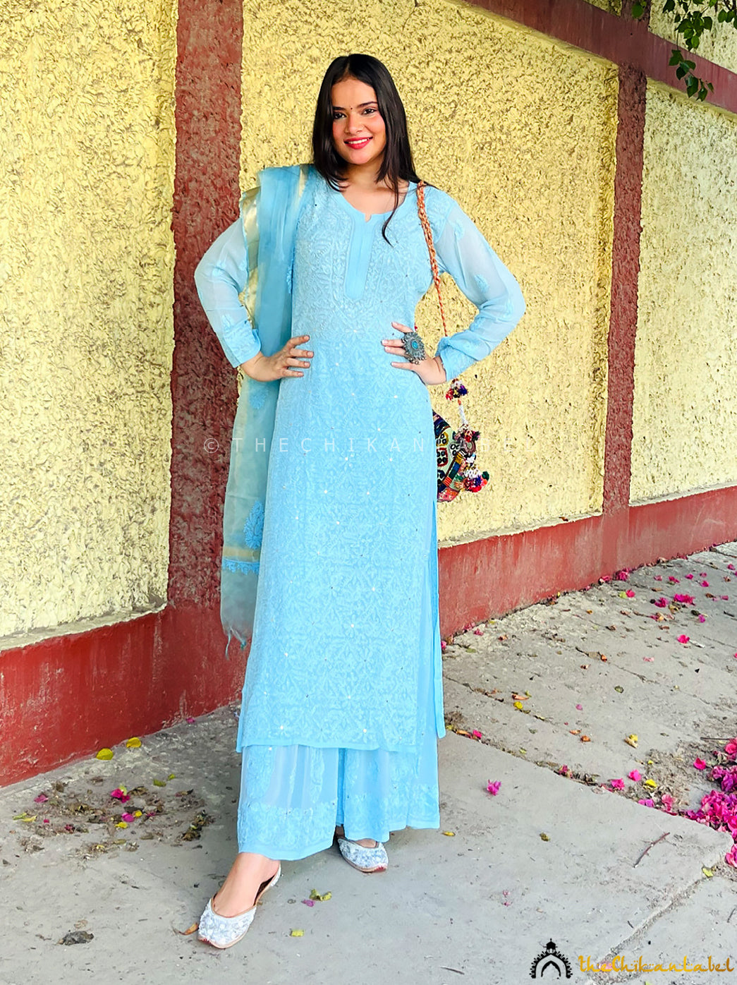 Full-length view of Lucknowi chikankari kurta set in soft blue