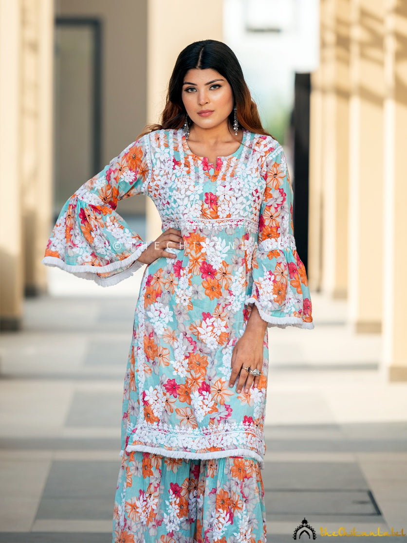 Floral Mulmul Chikankari Kurta,Chikankari Kurta Garara Set in Mulmul Fabric for Woman