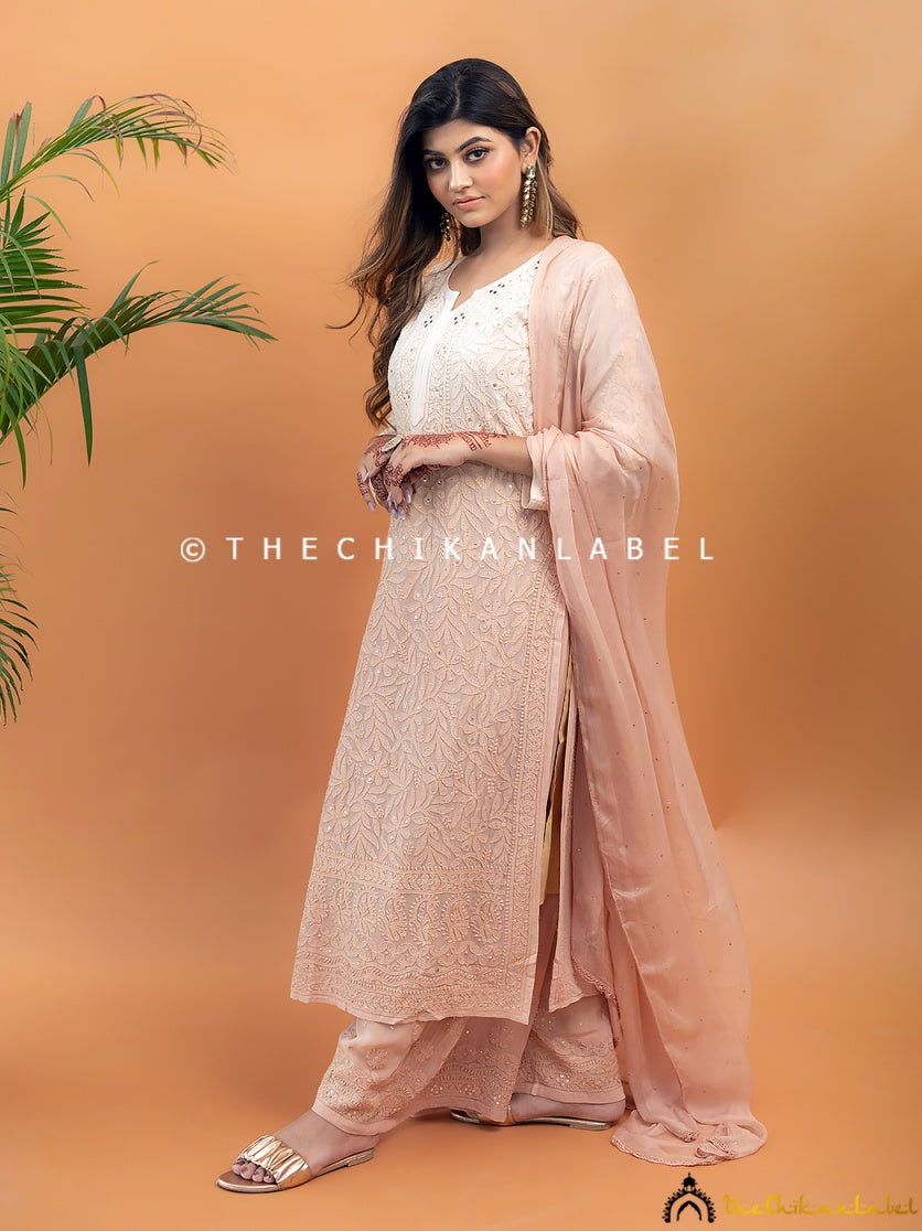 Luxury chikankari viscose set designed for comfort and elegance, paired with sheer dupatta and handcrafted embellishments.