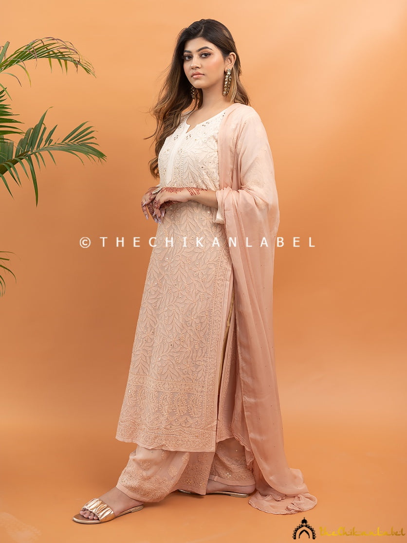 Festive-ready viscose kurti palazzo set with chikankari and mukaish highlights, perfect for daytime functions.