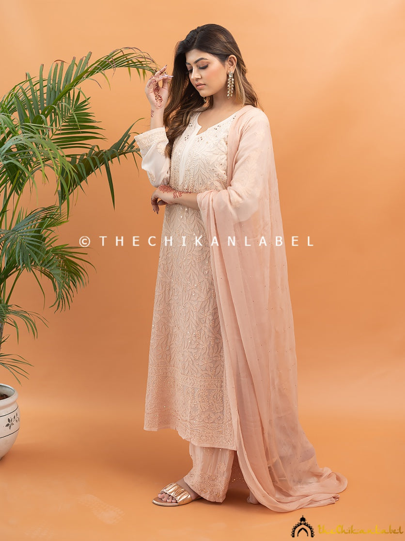 Trending luxury viscose set with chikankari kurti, flowy palazzo, and matching dupatta, designed for modern ethnic wardrobes.
