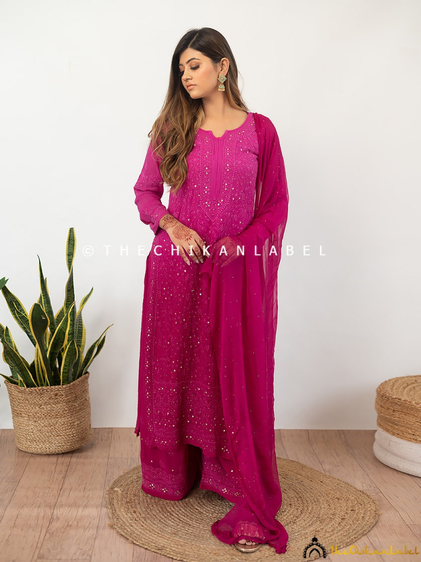 Viscose chikankari set designed for weddings and parties, featuring straight kurti, embroidered palazzo, and mukaish-detailed dupatta.