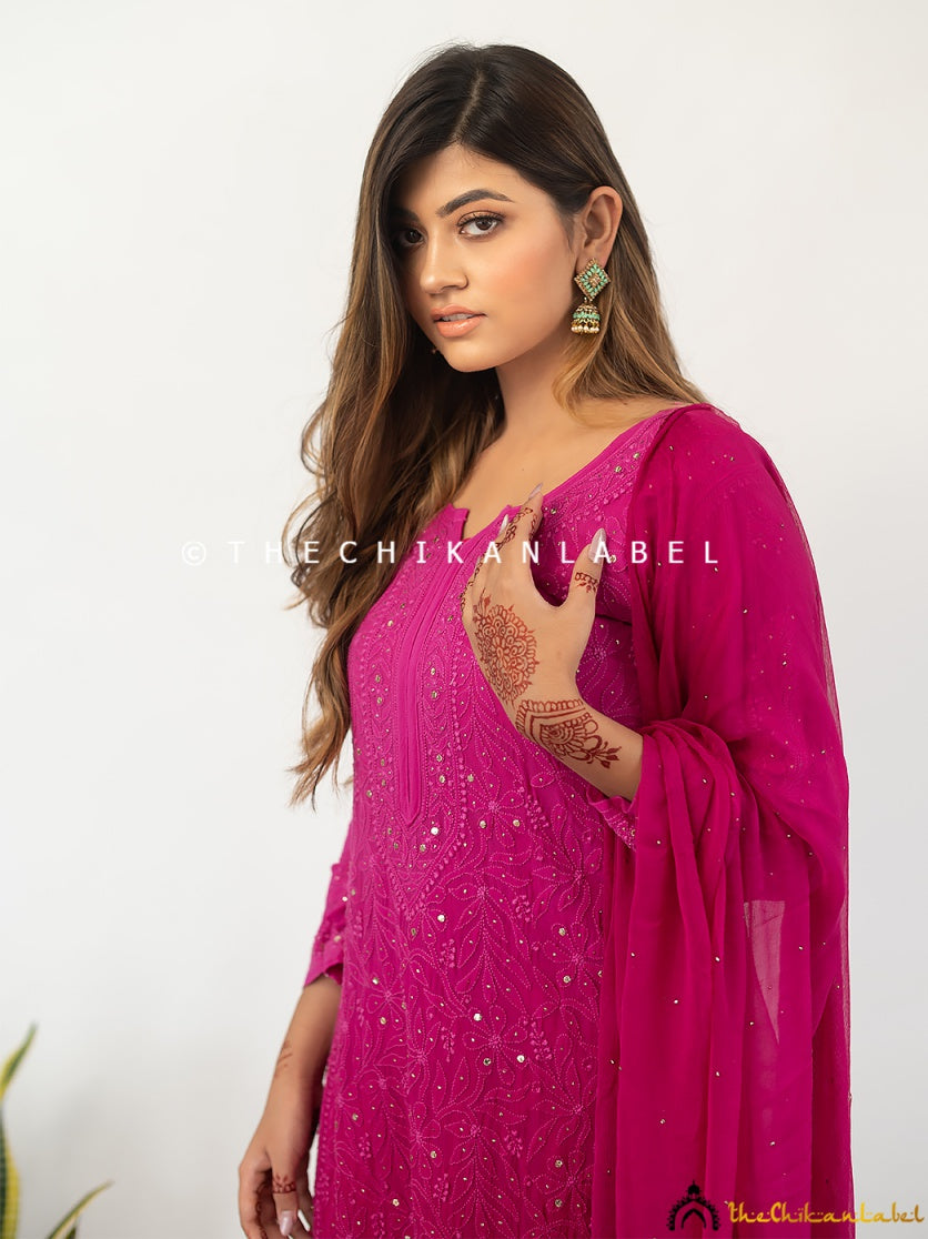 Luxurious viscose chikankari co-ord set featuring handcrafted motifs and festive-ready mukaish work, ideal for haldi or sangeet.