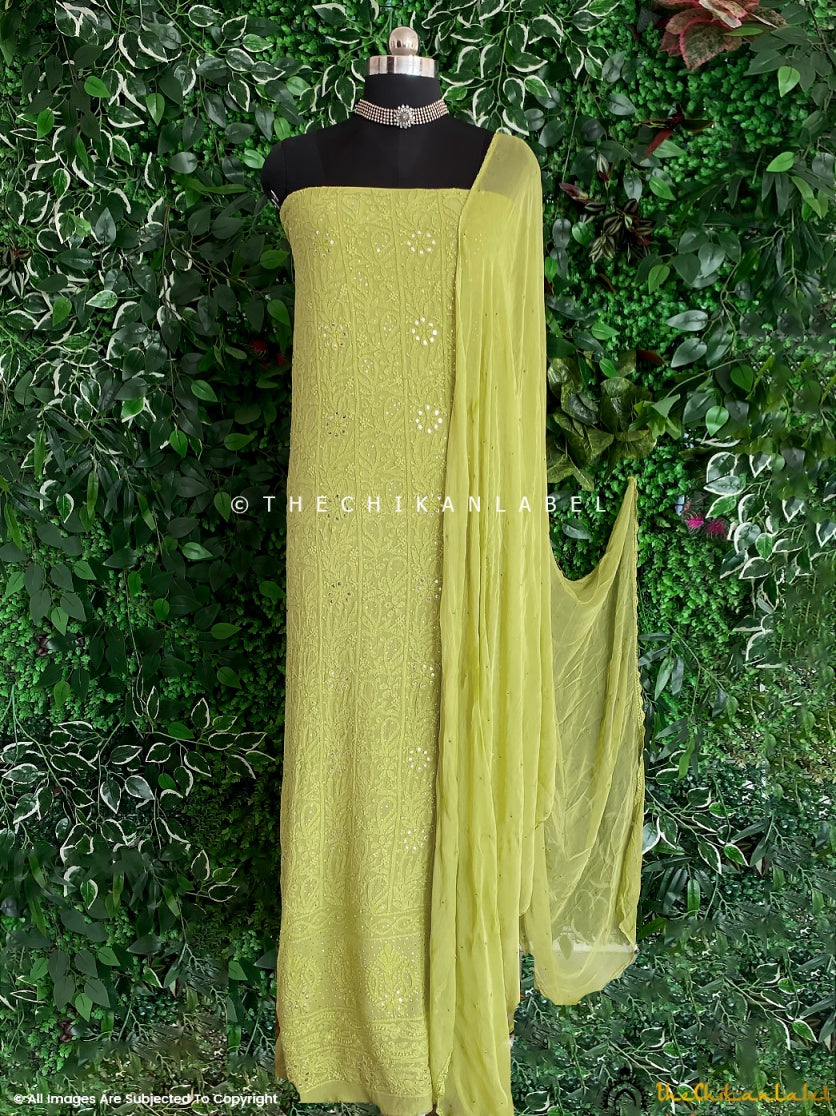 “Unstitched viscose chikankari kurti piece with dupatta featuring handcrafted Lucknowi embroidery and mirror work”