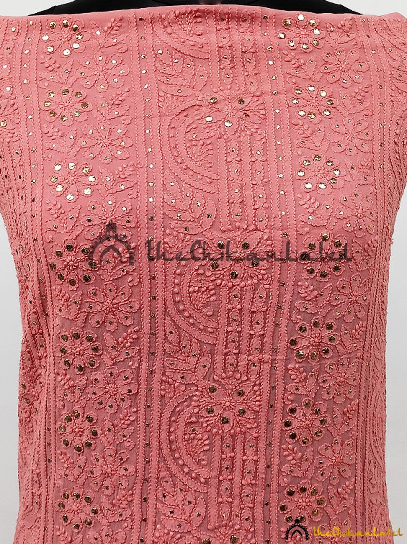 “Close-up of delicate chikankari hand embroidery with mirror embellishments on viscose kurti piece with dupatta”