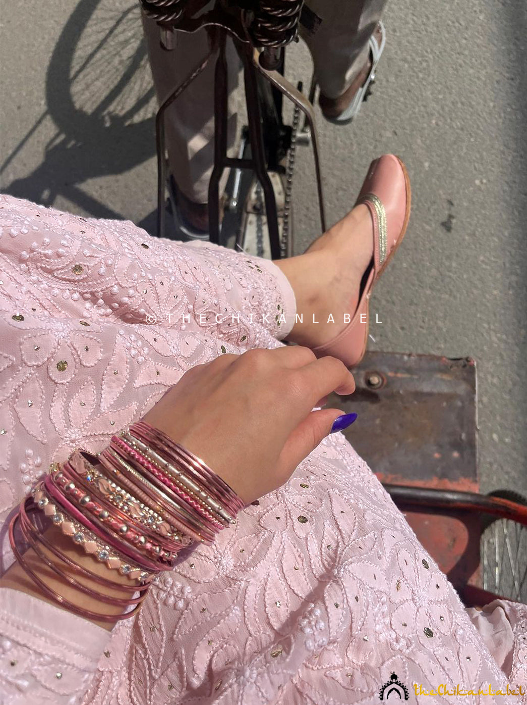 Viral mukaish work chikankari kurti palazzo set styled with heels and statement earrings for festive styling.