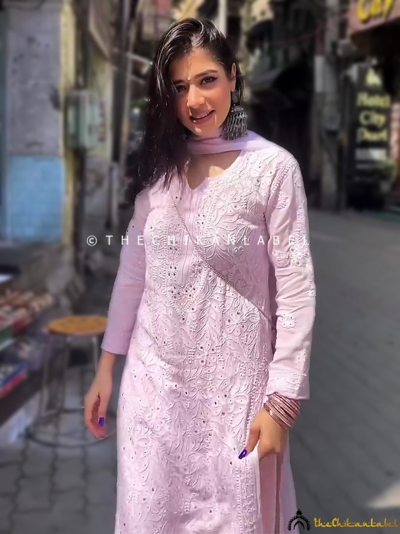 Close-up of mukaish and chikankari detailing on a viscose kurti palazzo set, highlighting artisan handwork.