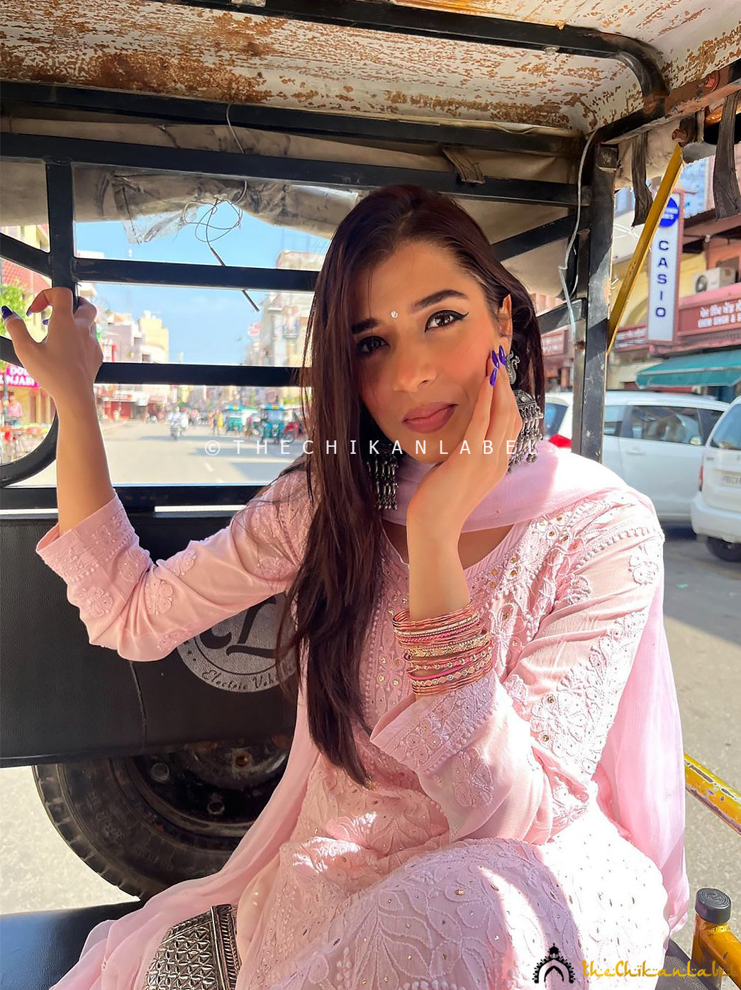 Hand-embroidered chikankari viscose kurti paired with elasticated palazzo pants and light embellished dupatta.