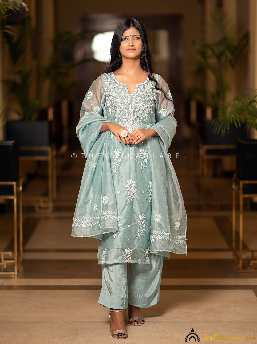 “Organza chikankari straight kurta set with dupatta showcasing intricate Lucknowi embroidery work”