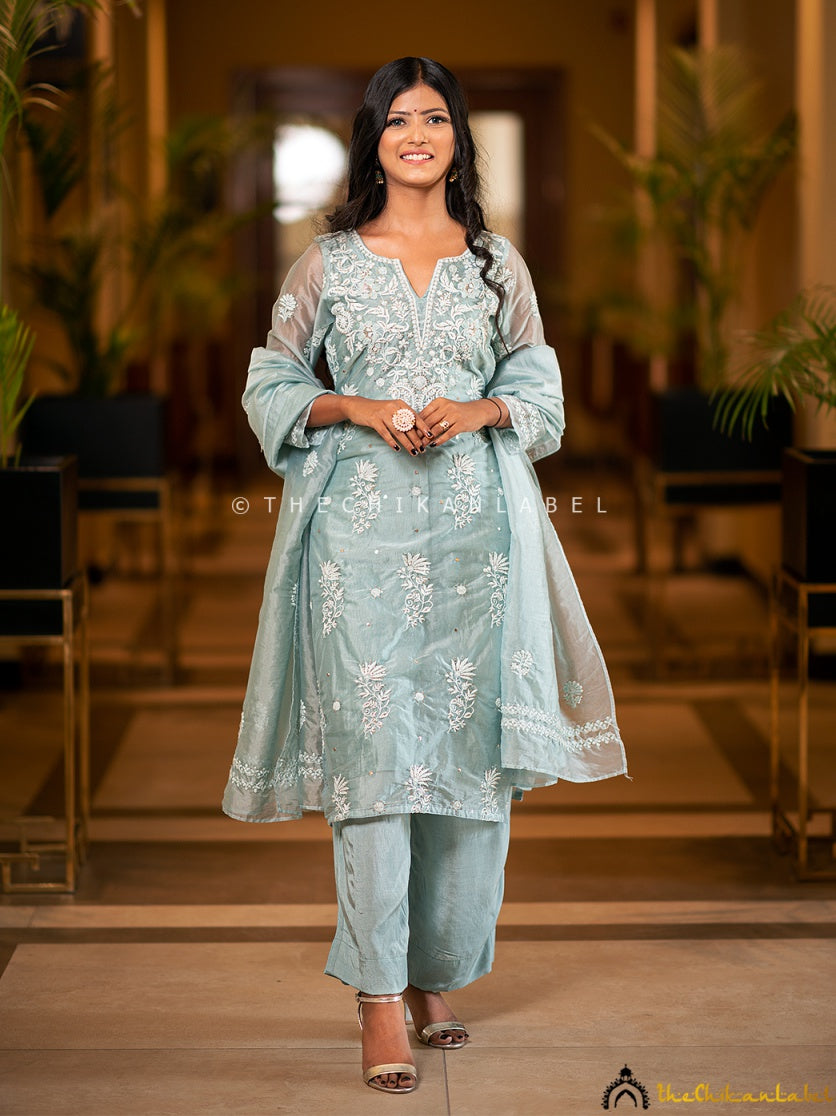 “Traditional Lucknowi chikankari embroidery on organza stitched kurti set with dupatta and pant”