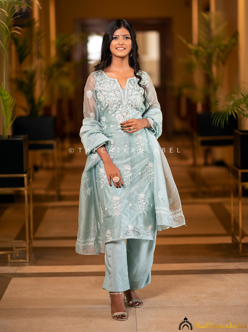 “Designer stitched chikankari kurti in organza with handcrafted embroidery and matching dupatta set”