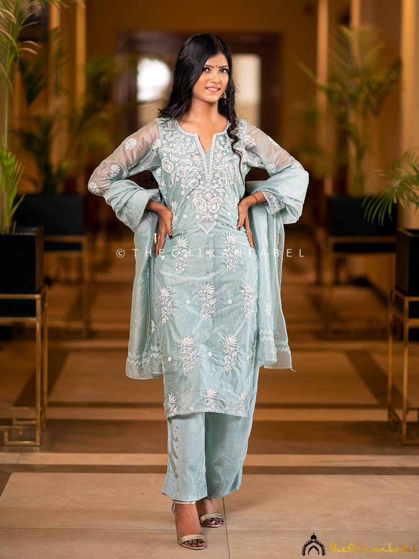 “Organza chikankari stitched kurti set with dupatta and pant ideal for festive and ethnic occasions”