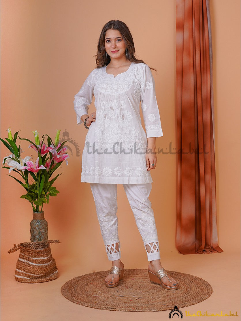 White Ira Cotton Chikankari Net Work Tunic Top