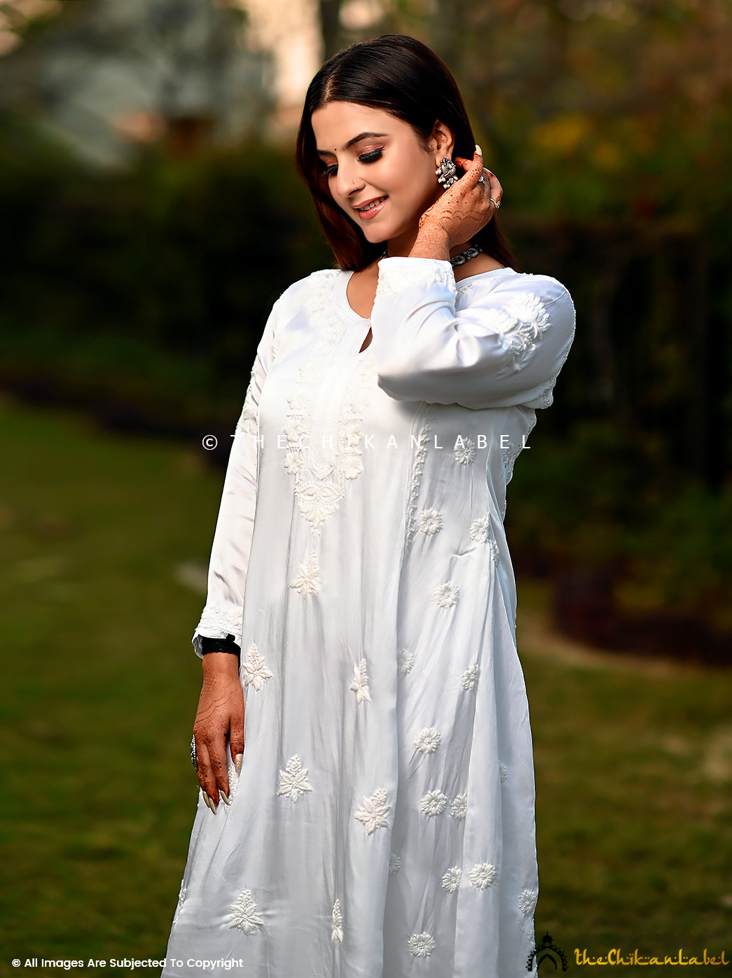 White Isha Modal Satin Chikankari A-Line Kurti ,Chikankari A-Line Kurti in Modal Fabric For Woman