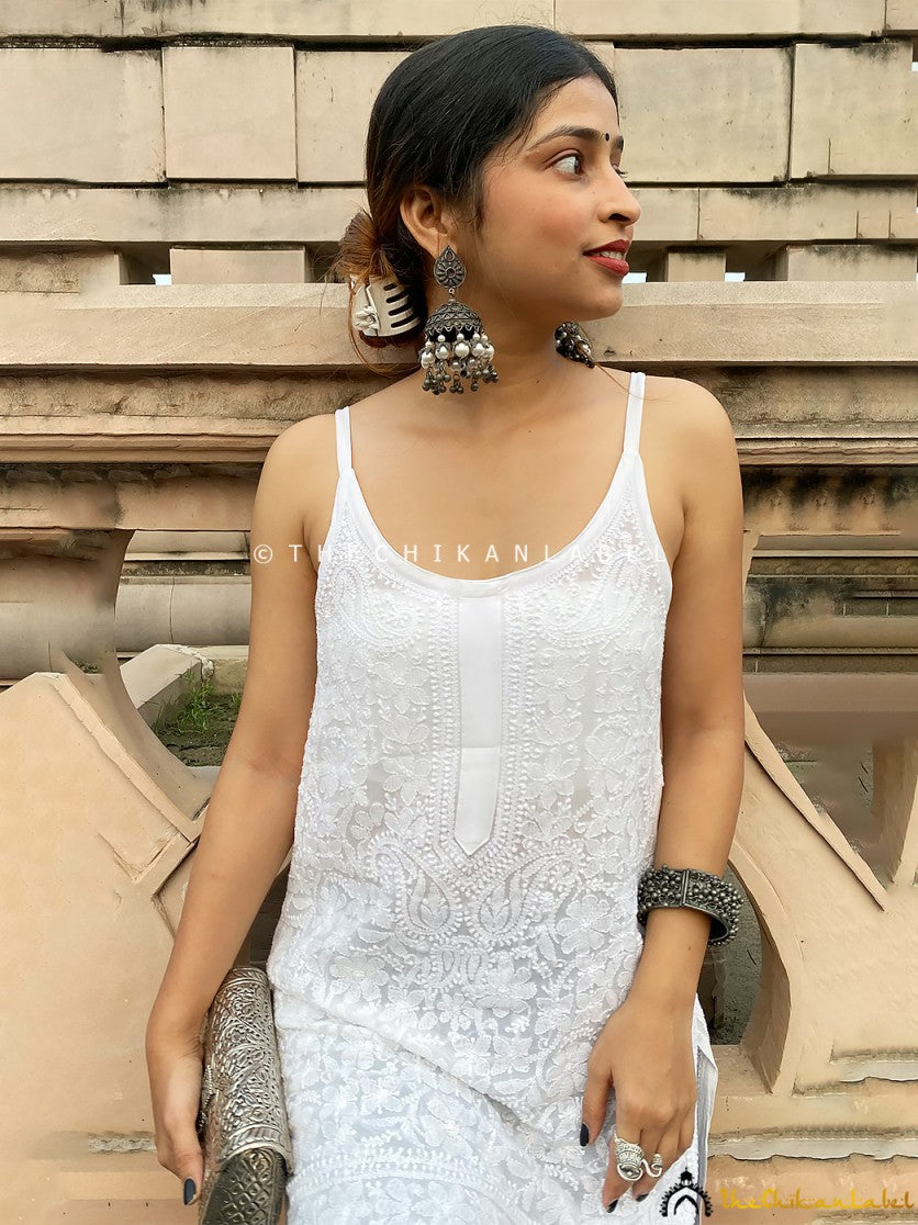 Chikankari Strappy Kurta Set with Dupatta , Chikankari Strappy Kurta Set with Dupatta in Viscose Fabric For Woman