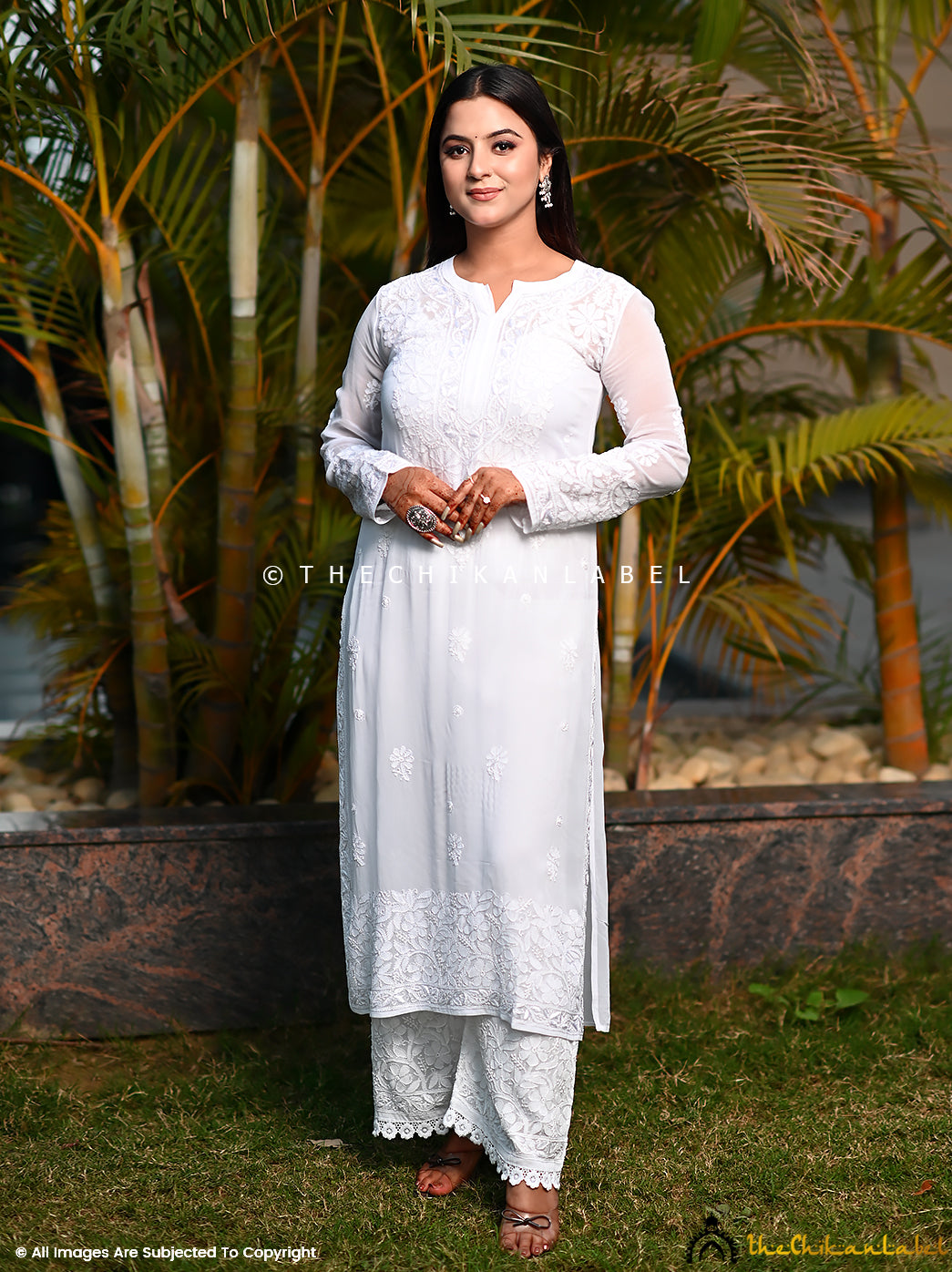 White chikankari kurta set with dupatta and palazzos