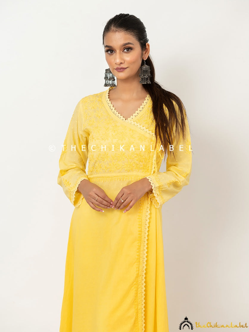 Hand-embroidered yellow cotton angrakha dress
