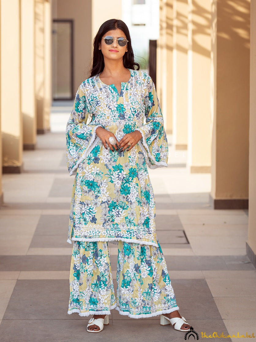 Floral Mulmul Chikankari Kurta Garara Set , Chikankari Kurta Garara Set in Mulmul Fabric for Woman