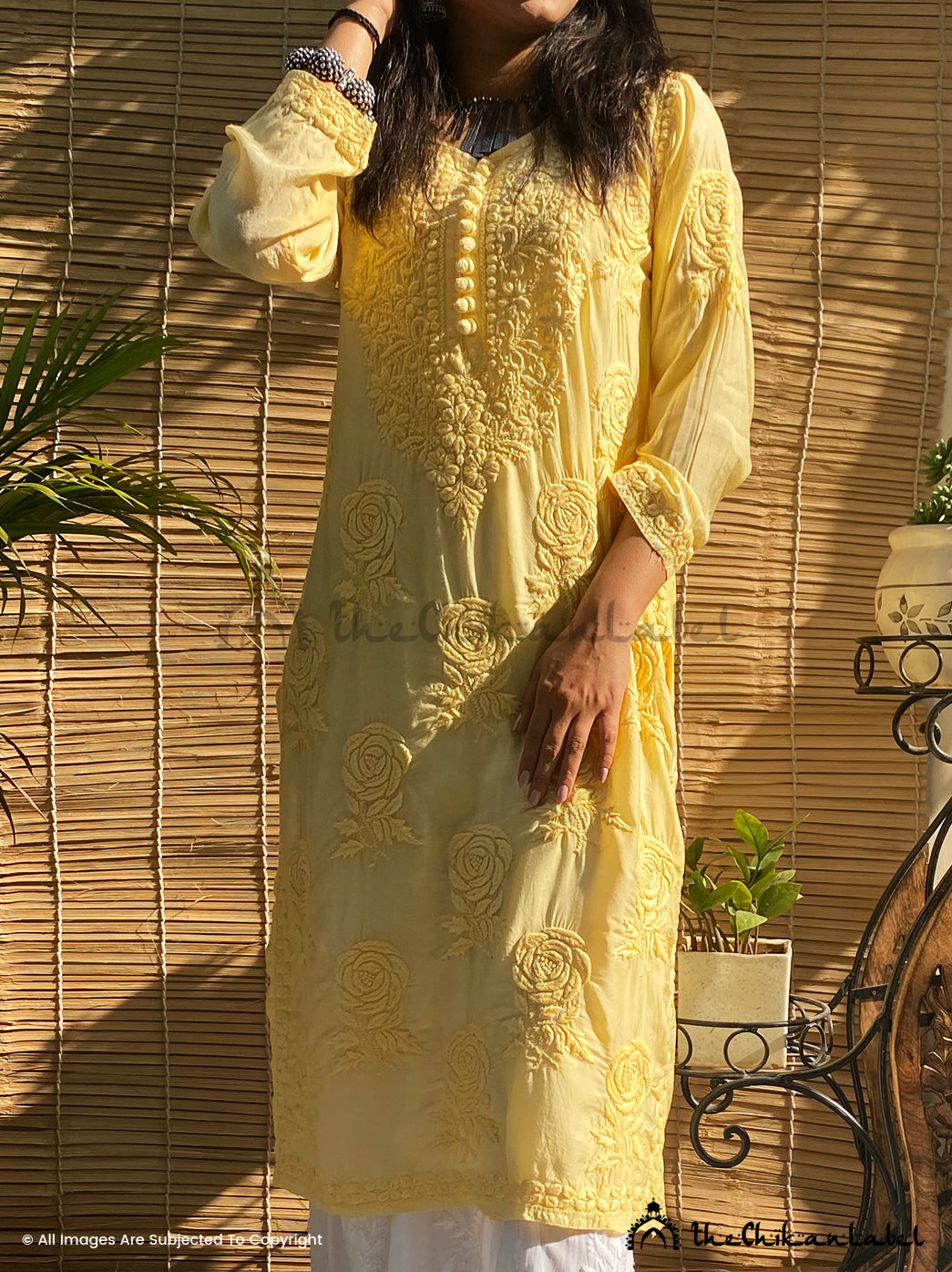 Yellow Gulaab Muslin Chikankari Straight Kurti , Chikankari Straight Kurti in Muslin Fabric For Woman
