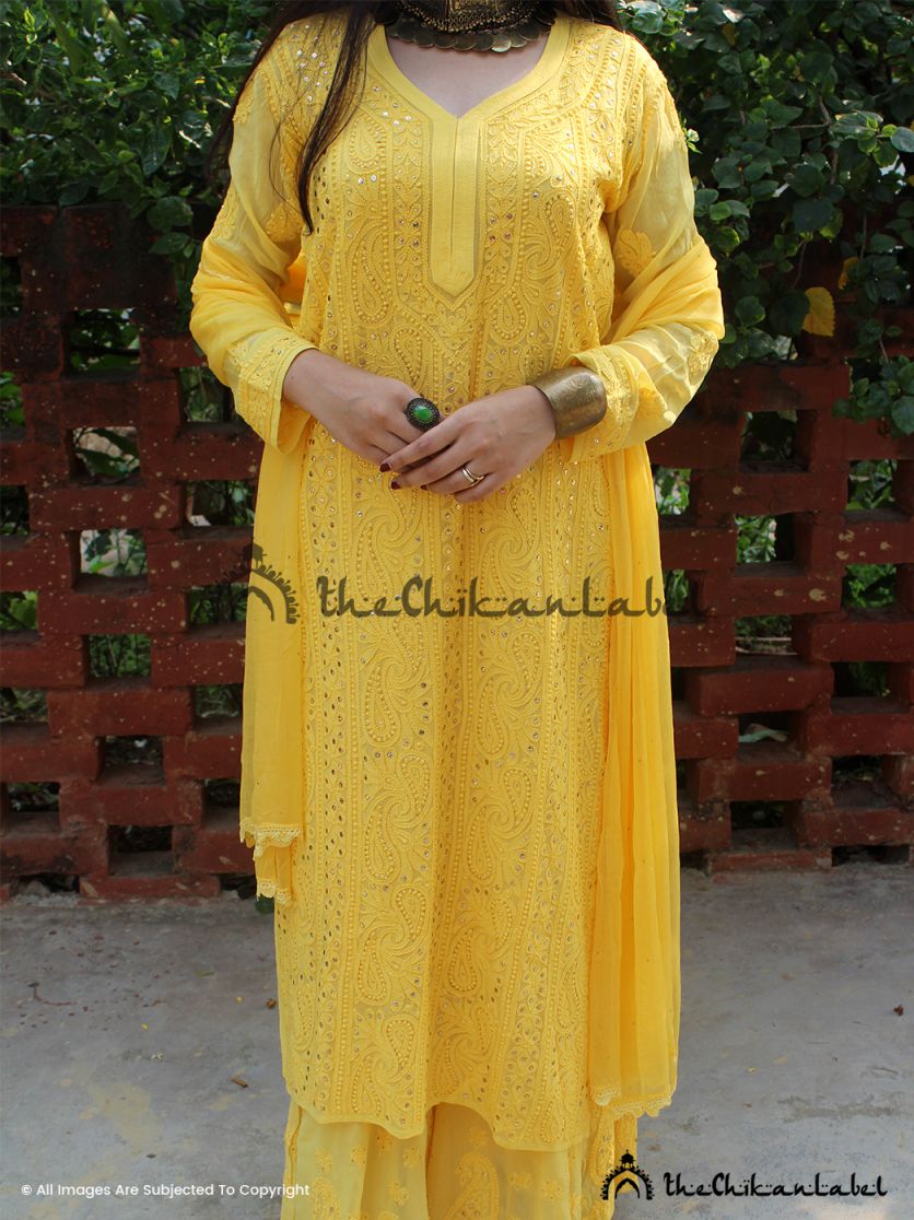 Festive yellow hand-embroidered kurta set with palazzo