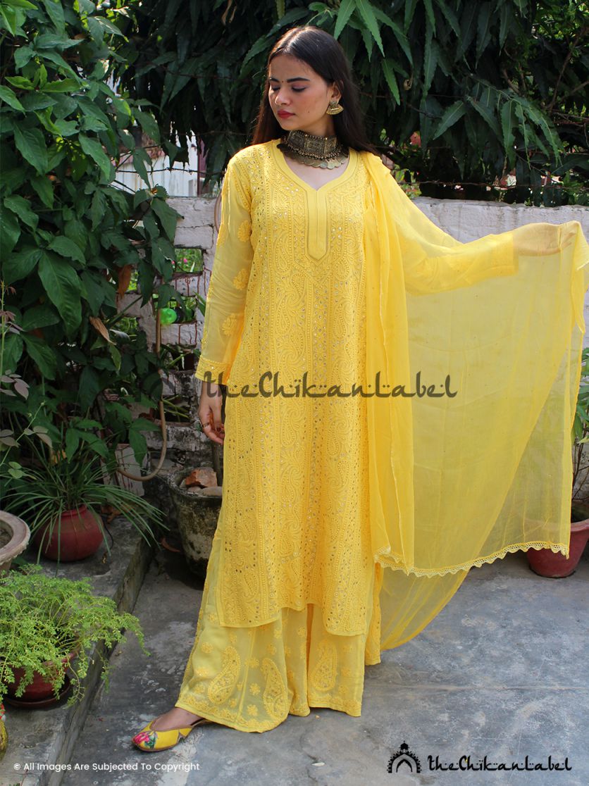 Yellow ethnic wear set for women with handcrafted embroidery
