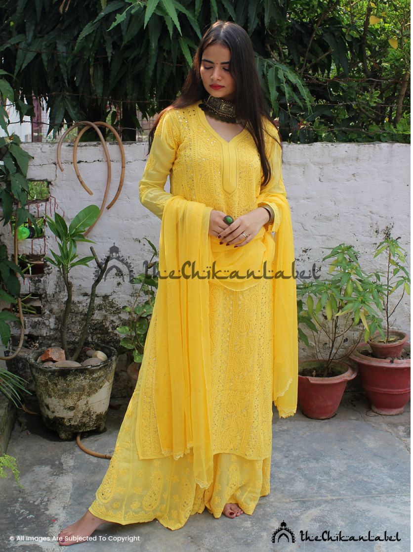 Sunshine yellow chikankari suit set with palazzo and dupatta