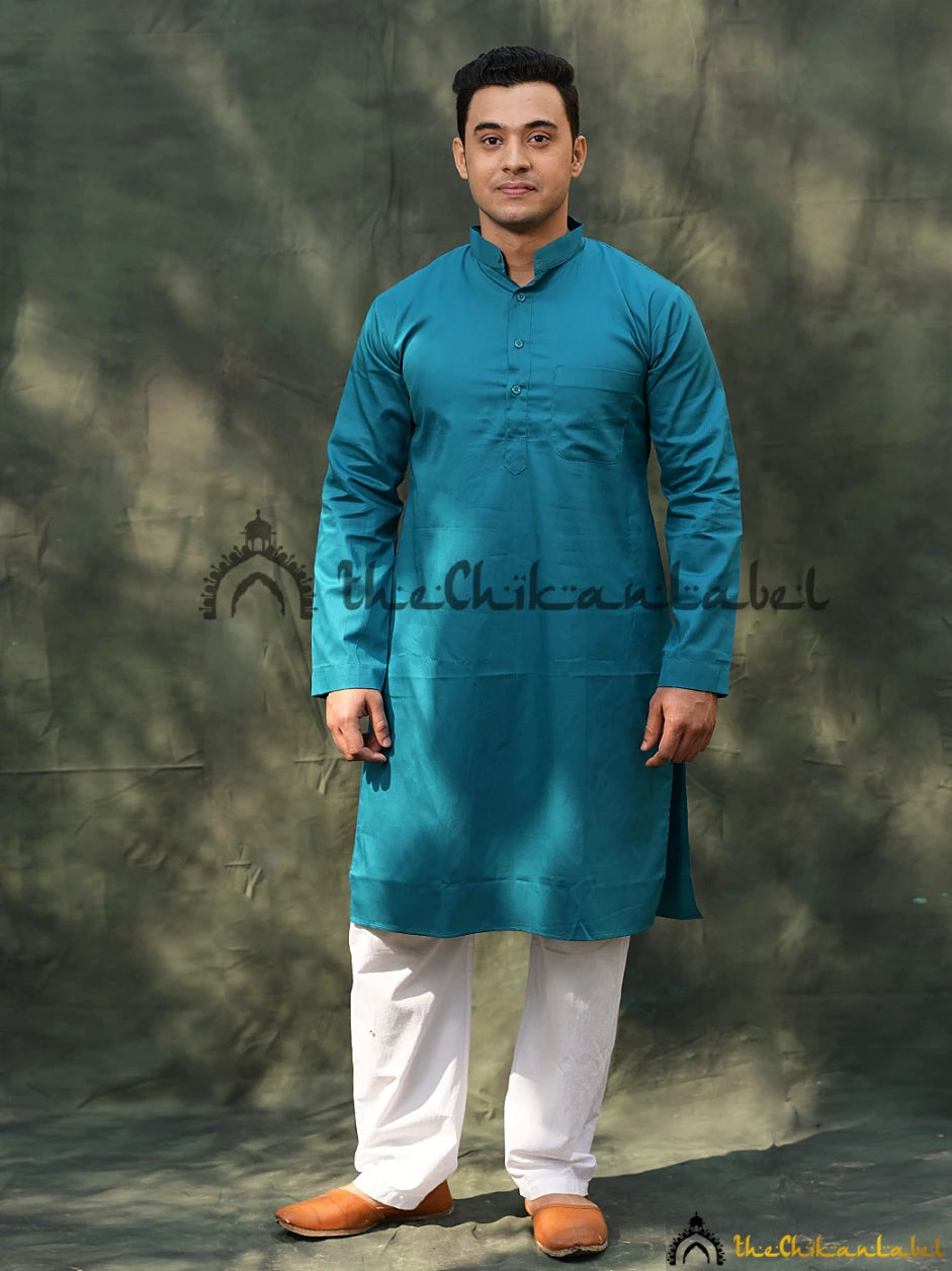 Teal Cotton Mens Kurta Lucknawi Chikankari Handmade ,Chikankari Handmade in Cotton Fabric For Woman