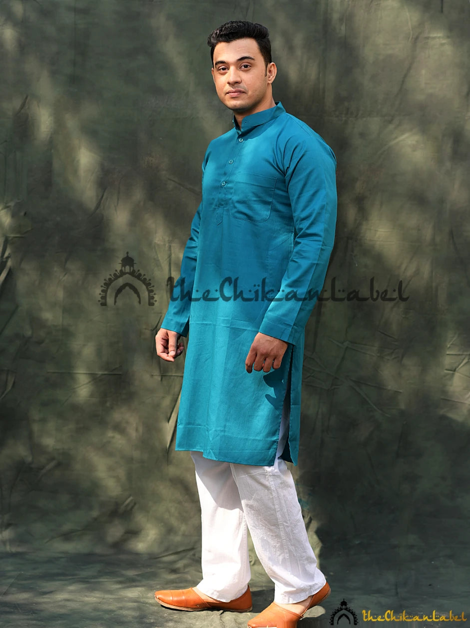 Teal Cotton Mens Kurta Lucknawi Chikankari Handmade ,Chikankari Handmade in Cotton Fabric For Woman