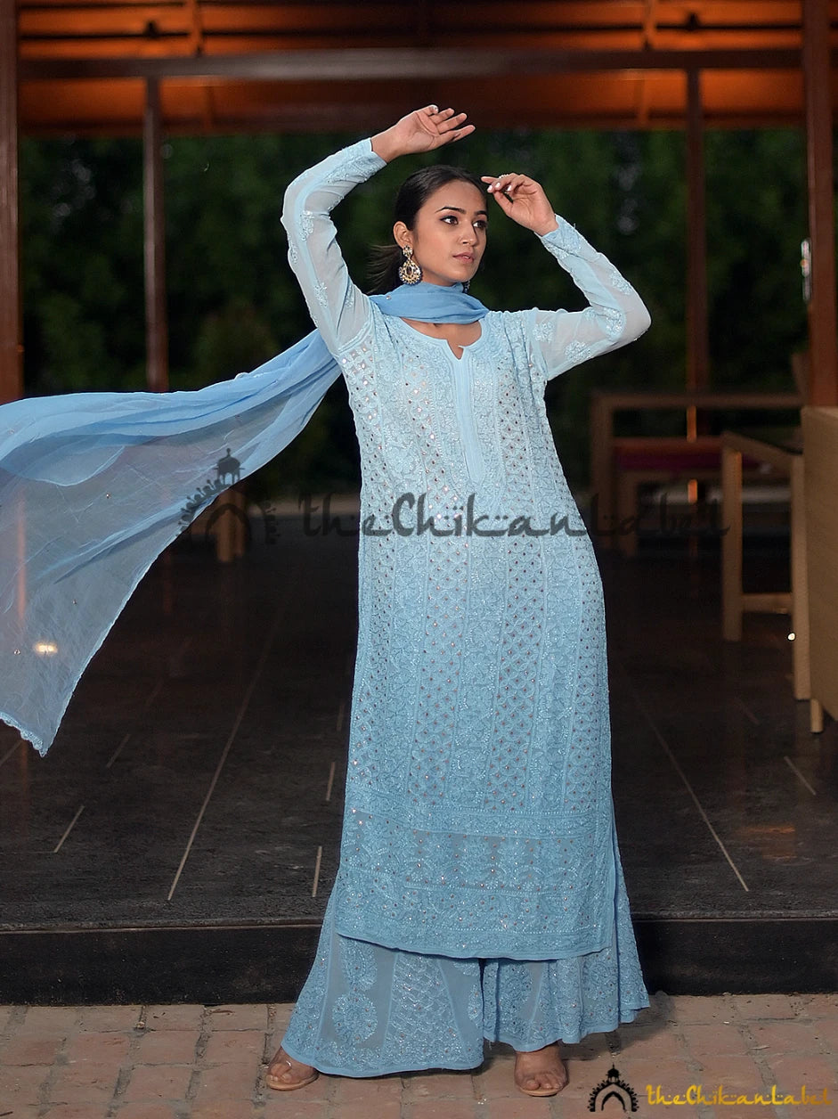 Blue Ruhani Viscose Chikankari Straight Kurta Set with Dupatta