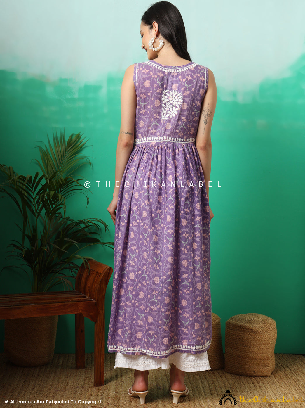 Purple Rahila Mulmul Printed Sleeveless A-Line Kurti